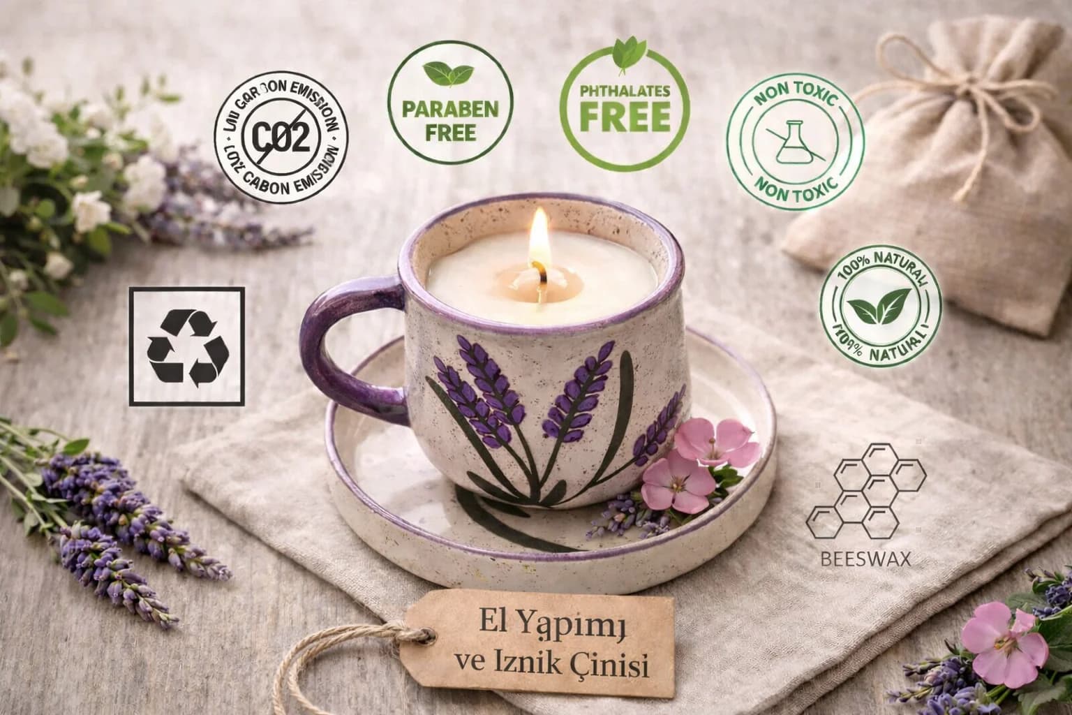 Itır Lavanta Kokulu Doğal El Yapımı Mum (İznik Çini El Yapımı Fincanda)